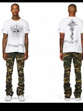Rockstar Original Petrus Green Camo Cargo Super Stack Jeans